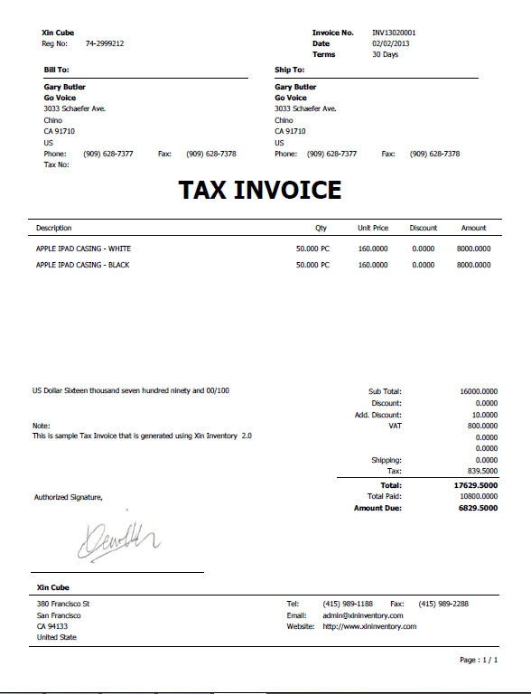 sample tax invoice from Xin Inventory 2.0