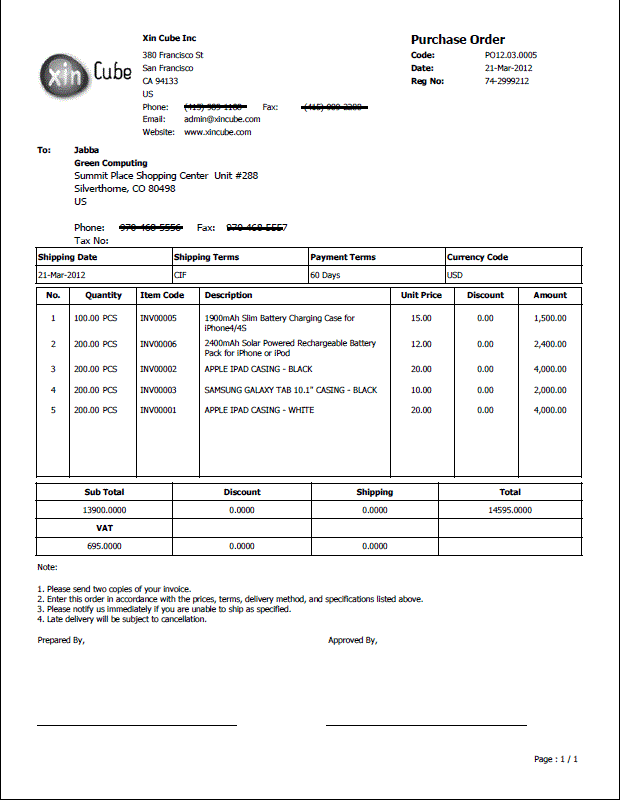 PO template, delivery note, packing slip template, sample PO